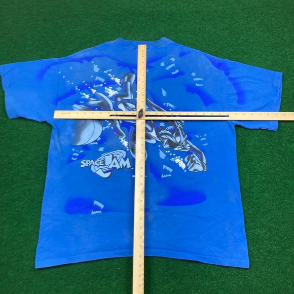 Vintage Looney Tunes Space Jam Shirt Mens XL Blue 1996 AOP Bugs Bunny 90s USA - Picture 14 of 16